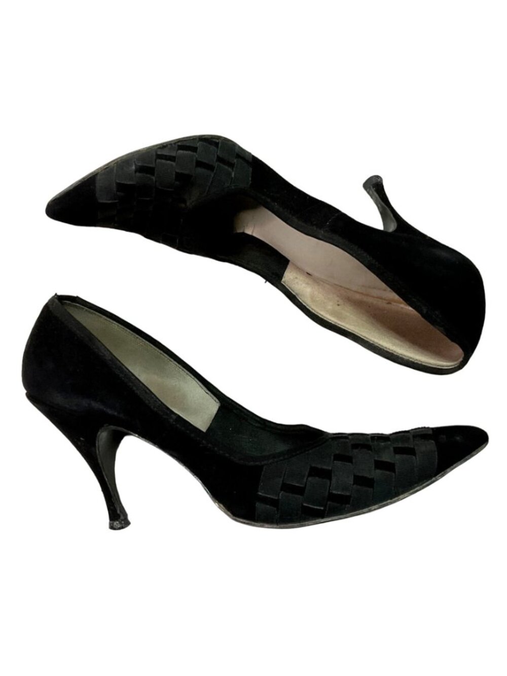 Vtg Belle Mode Black Suede Heels Sz 7 Ribbon Accents 3.5" Heel Pointed Toe Women - Picture 4 of 7